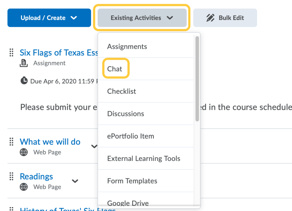Add Chat from Existing Activites within a Module