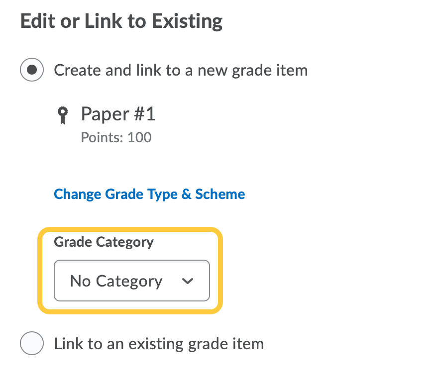 Assignment Create Grade Item Select Grade Category