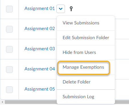 Assignments Manage Exemptions