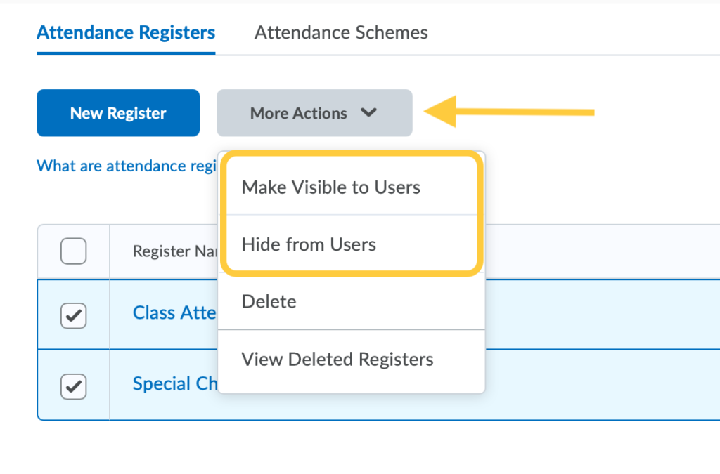 Attendance Registers More Actions Visibility