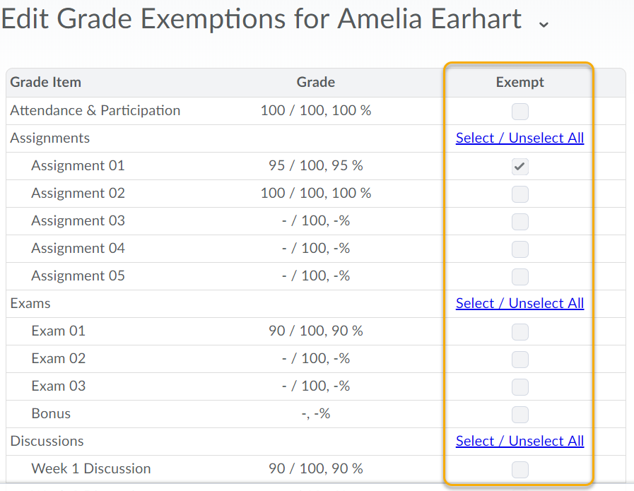 Checkbox for Exempt Grade Items
