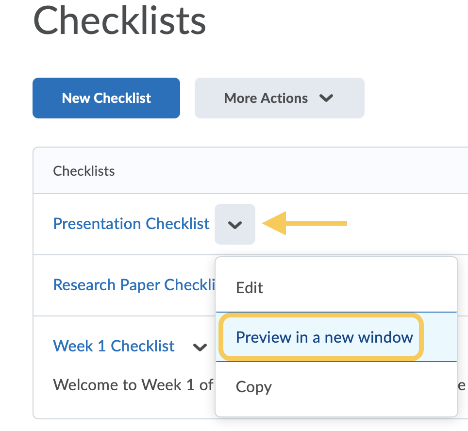 Checklist Preview in a New Window