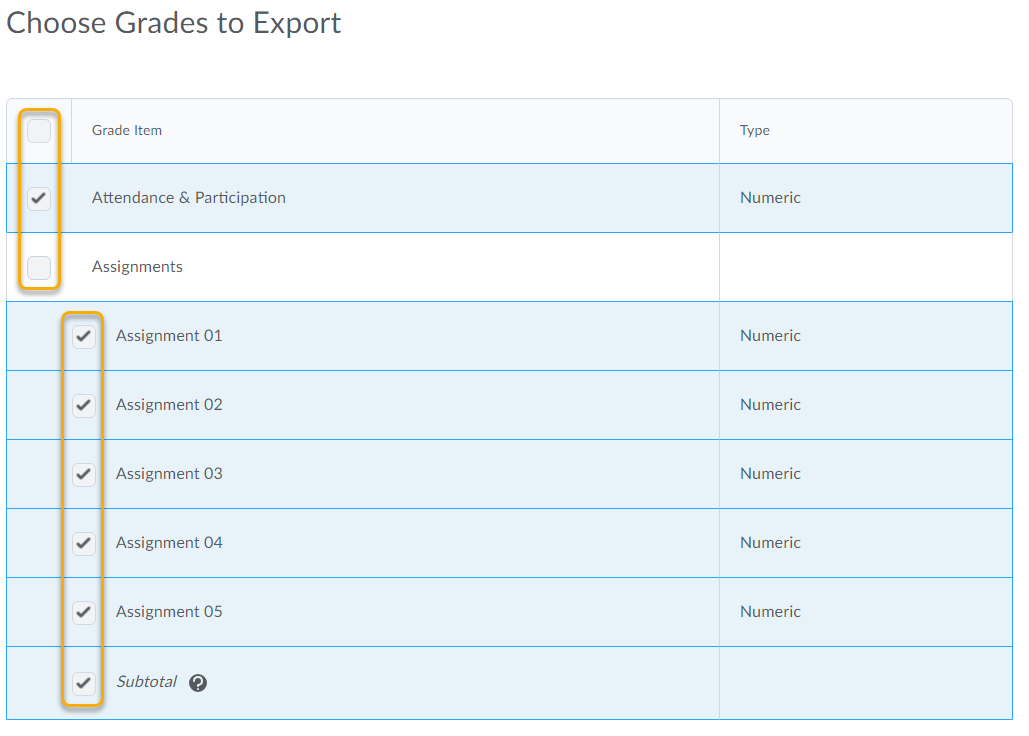 Choose Grades To Export