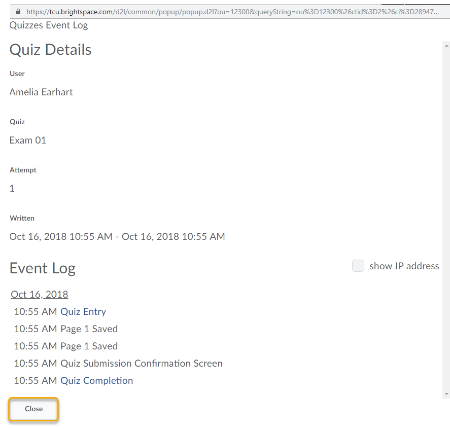 Close Quiz Event Log