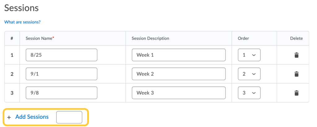 Create Attendance Sessions Add Sessions