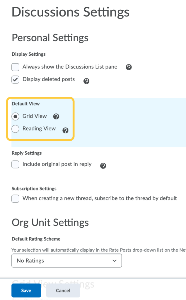 discussion settings - select grid view