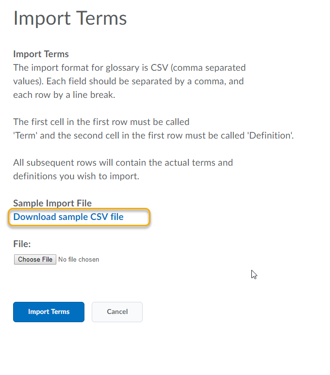 Download sample csv file in glossary import