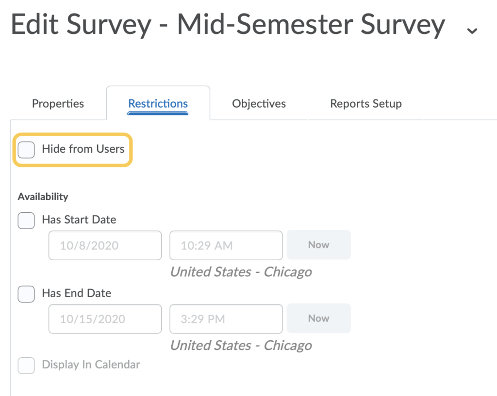 Edit Survey Hide From Users