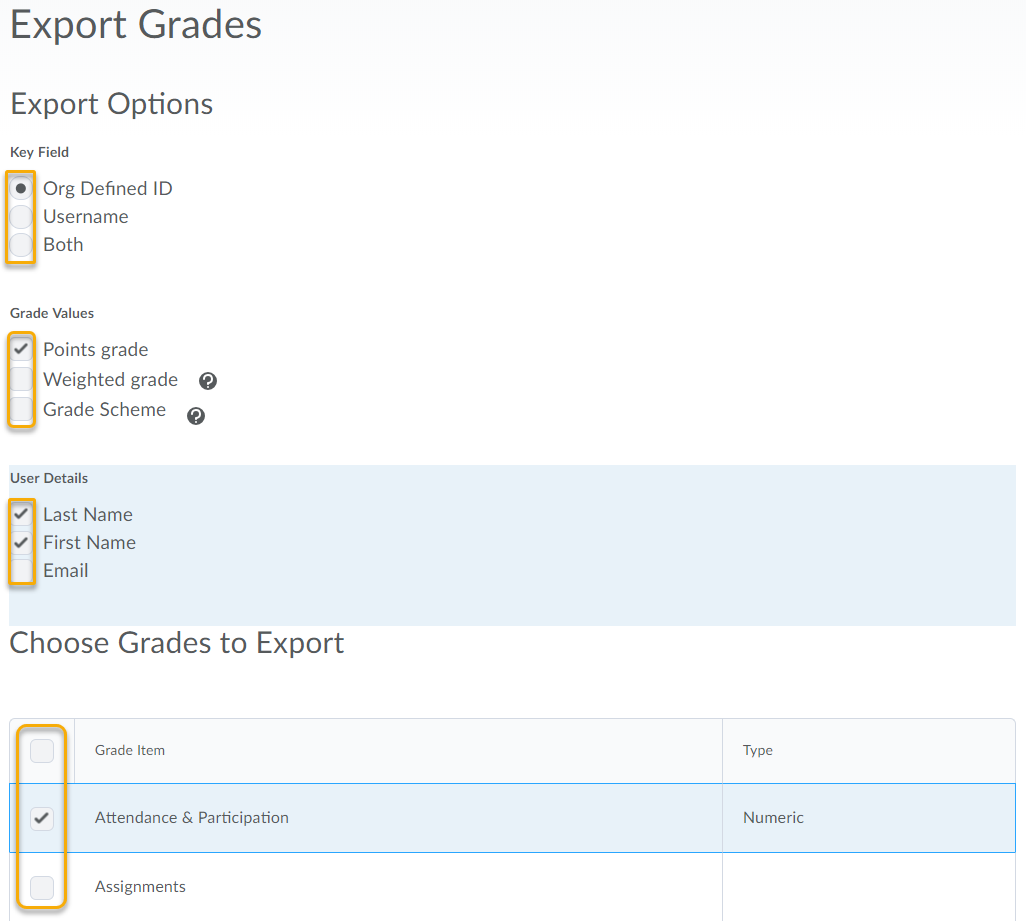 Export Grades Options