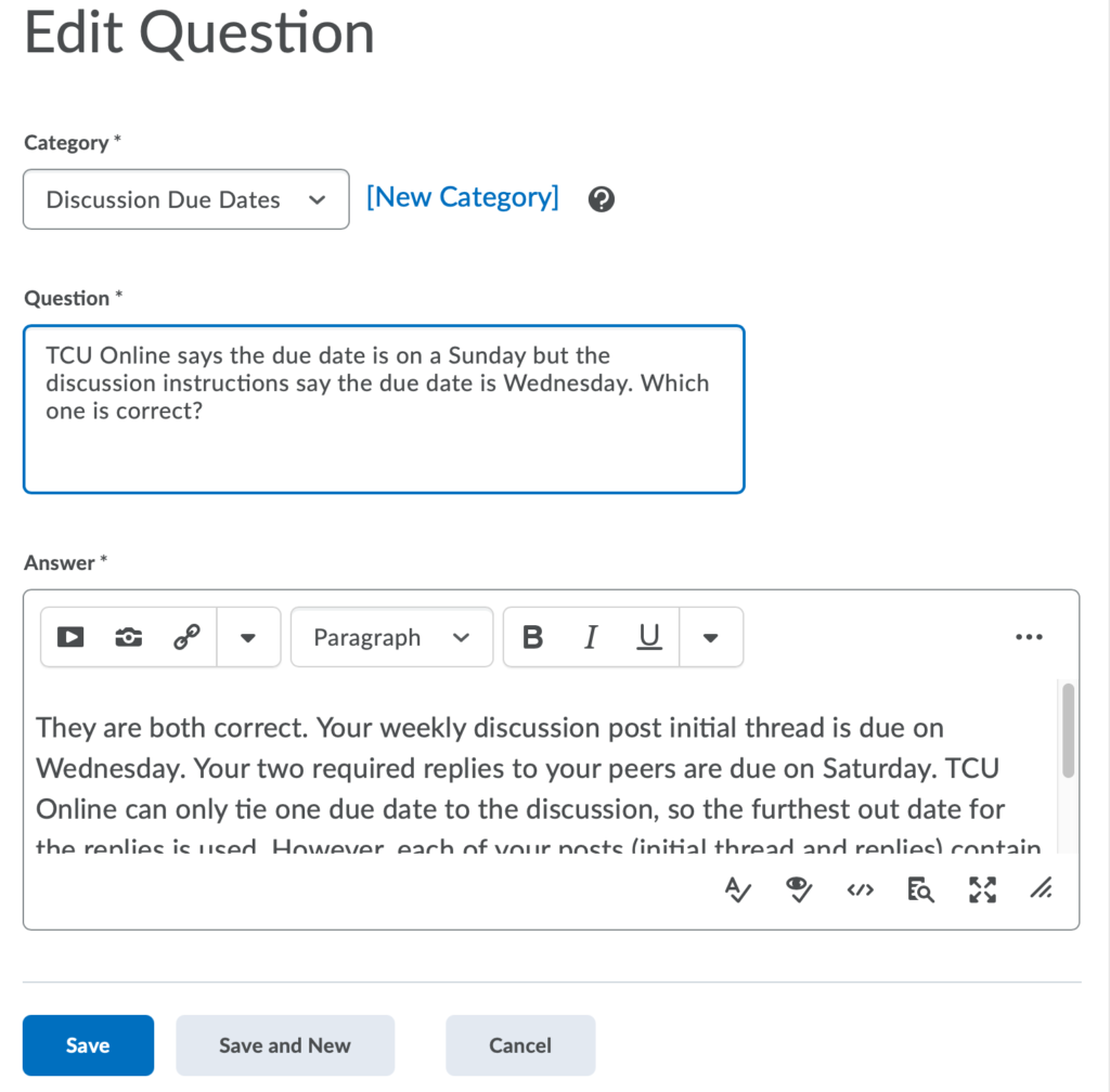 FAQ Add New Question html editor