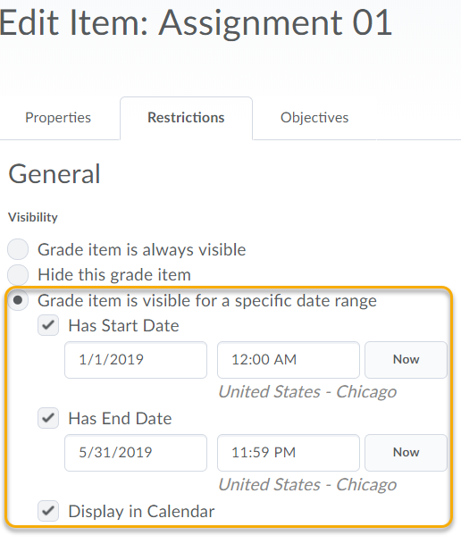 Grade item is visible for specific date range