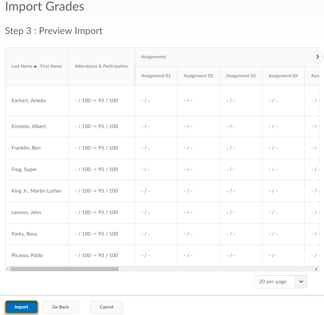 Import Preview Imported Grades