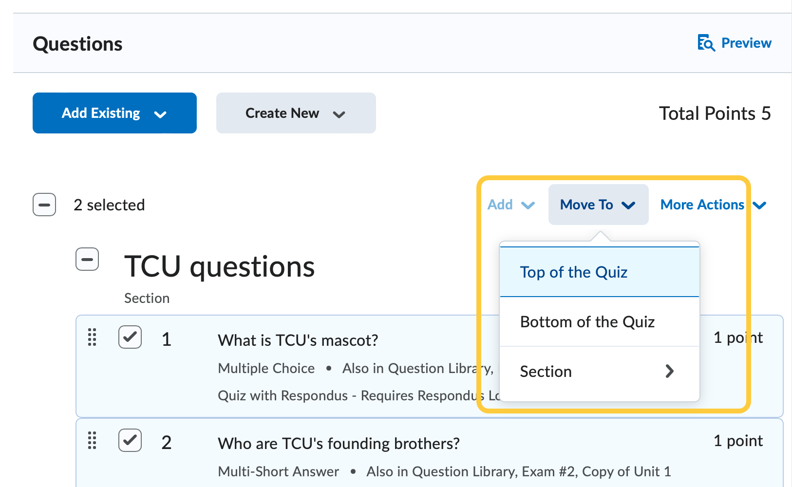 Move to Menu to Reorder Quiz Questions