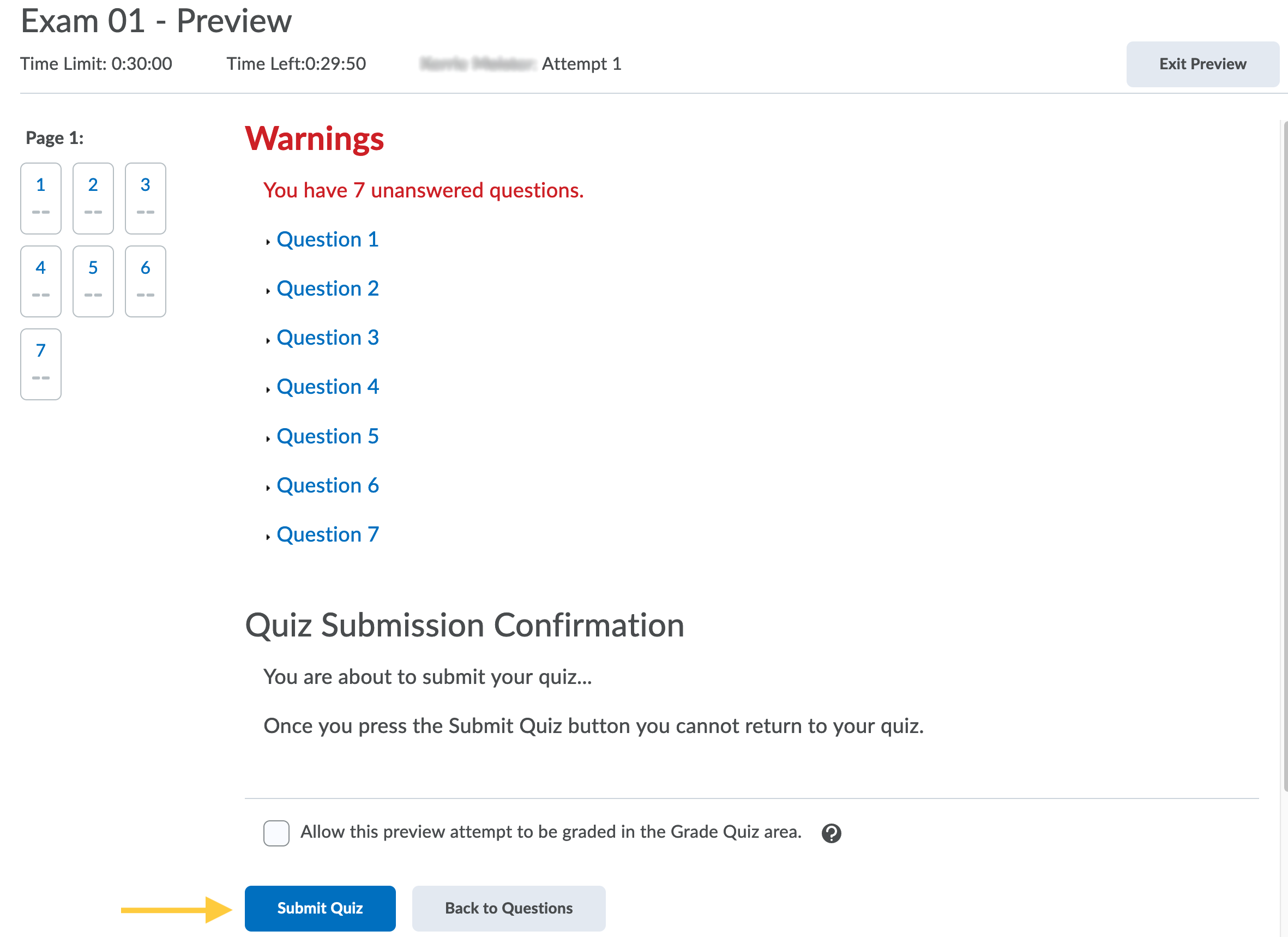 Preview Quiz Submit Quiz For Key Warning