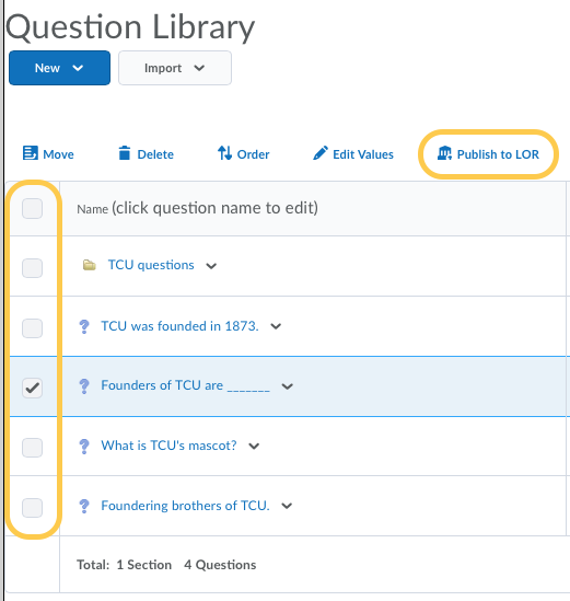 Question Library Publish Question to LOR