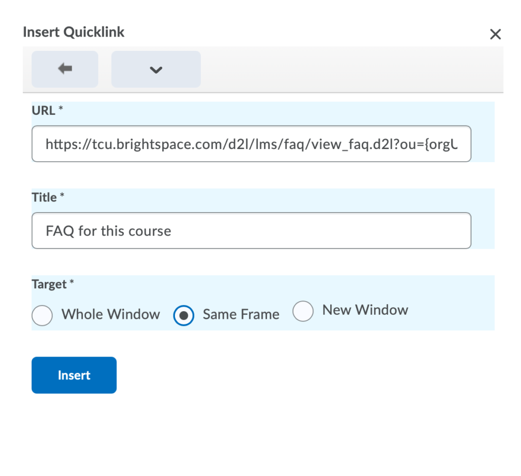 Quicklink URL to FAQ tool