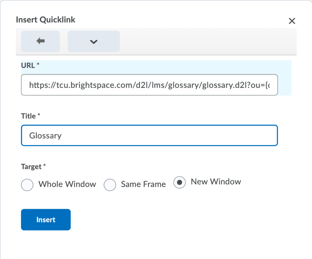 Quicklink URL to Glossary tool