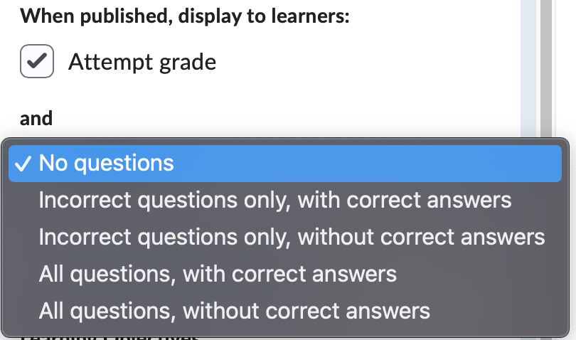 Quiz Published grade and questions options