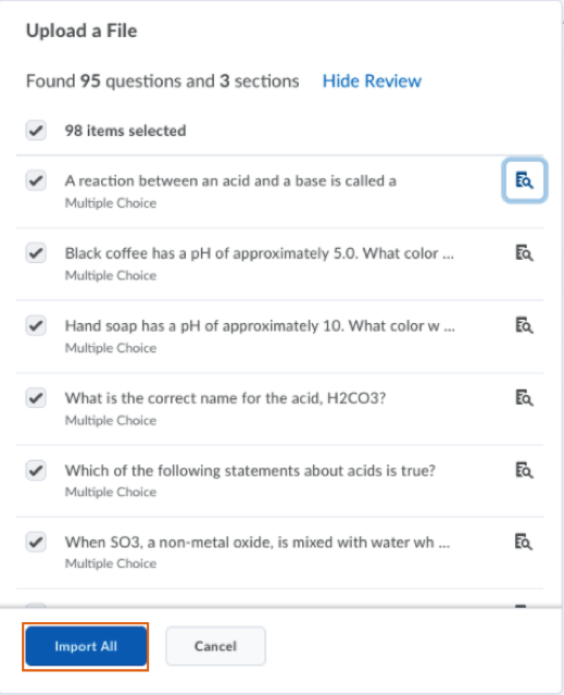Quiz Review Window for Uploaded File