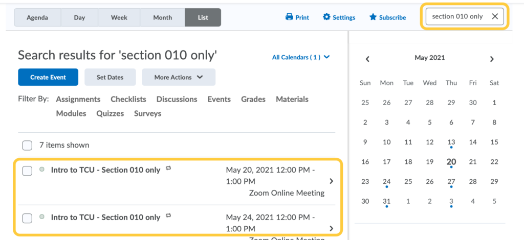 Search in Calendar for Meeting for the Section