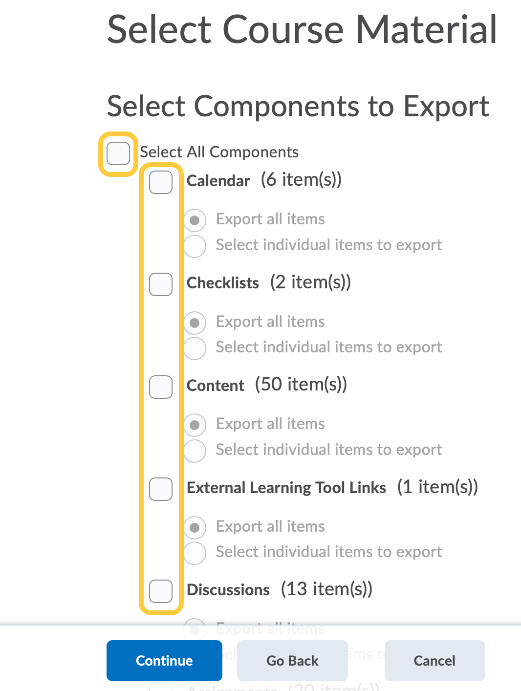 Select course material to export