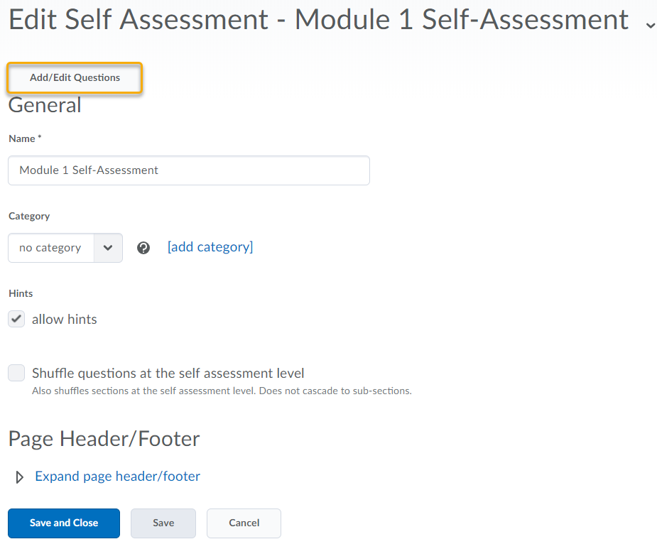 Self Assessment Add Edit Questions
