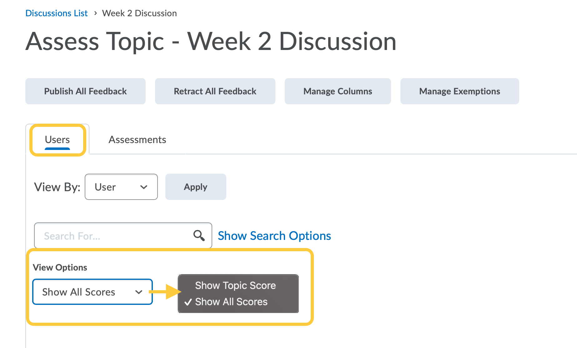 View Discussion Assessment from Users tab