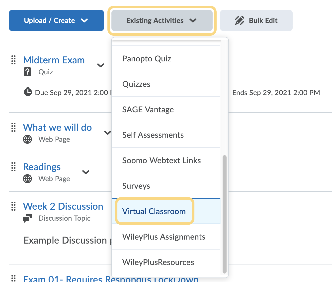 Virtual Classroom from Existing Activities menu