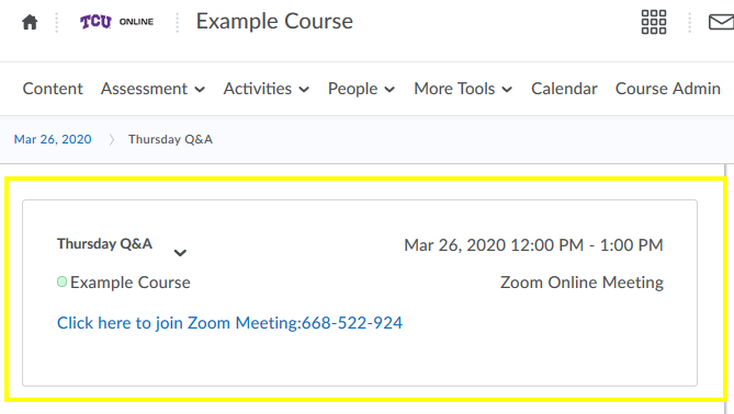Calendar entry shows Zoom meeting link