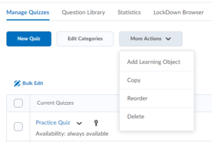 manage quizzes more actions