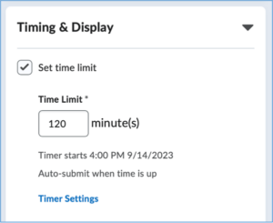 Image of Time and Display when Setting up Synchronous Quizzes
