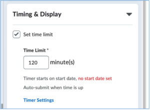 Image of no start date set in timing and display for synchronous quiz